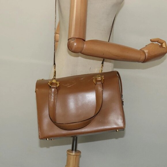 Salvatore Ferragamo Gancini Hand Bag Leather 2way Brown Gold Auth 139653 - Picture 1 of 15
